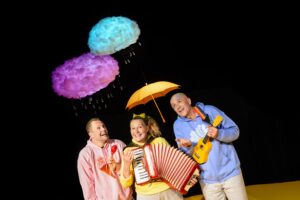 Tre glada personer som spelar olika instrument står under ett gult paraply och två moln som det regnar ifrån.