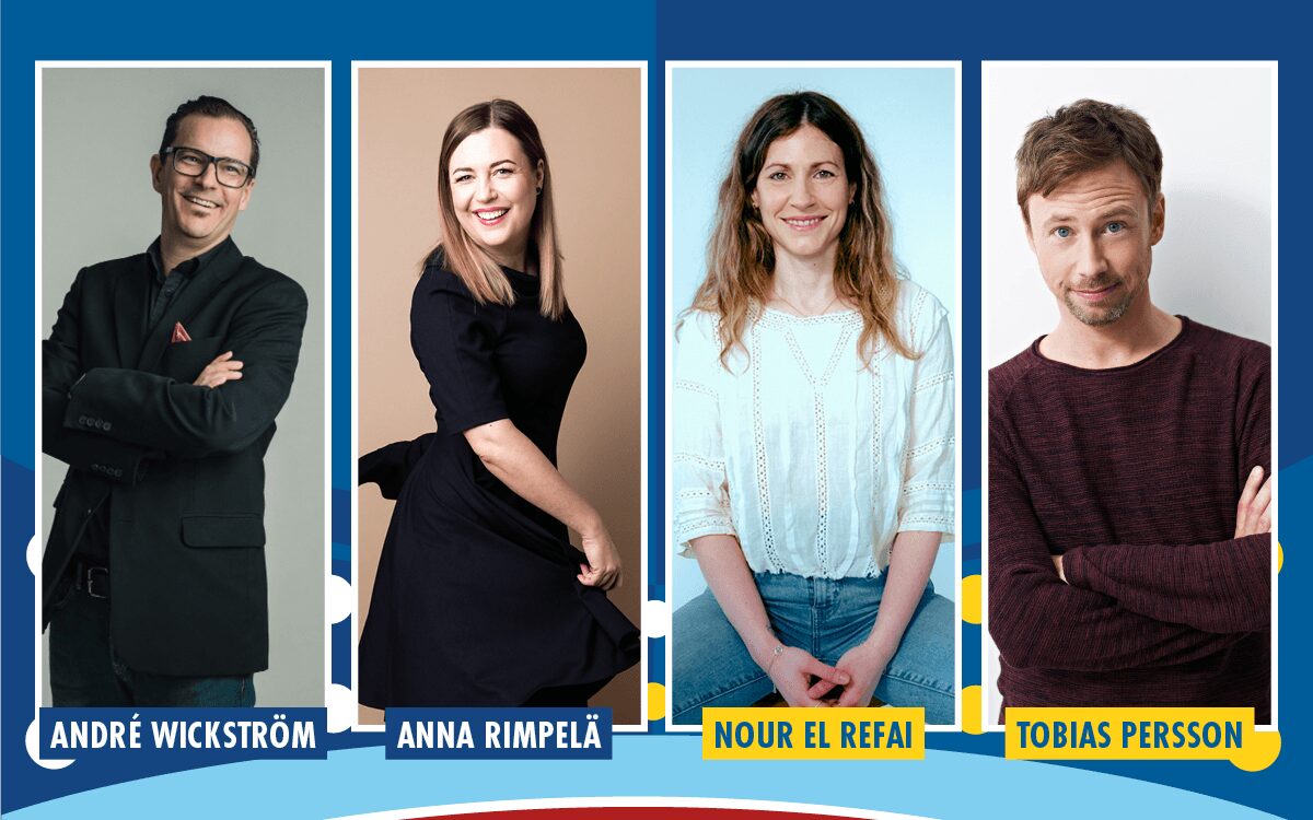 Nour El Refai, Anna Rimpelä, André Wikström och Tobias Persson tävlar i Humorlandskampen 2026