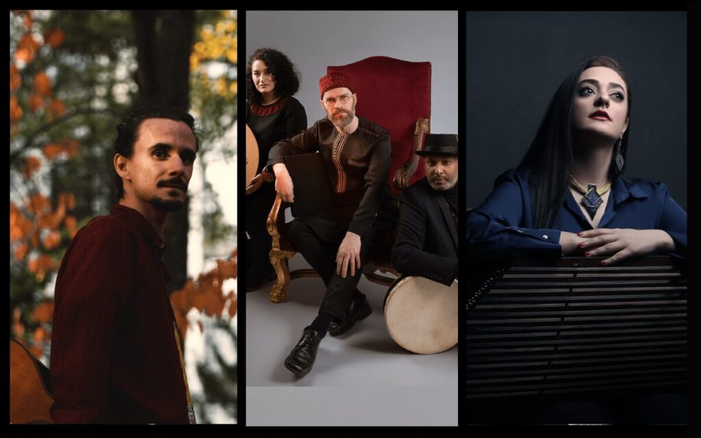 Tre porträtt bredvid varandra: Manu Rosales utomhus med gitarr och höstfärger i bakgrunden; Wishamalii – en trio i studio miljö med piano och slagverk; Mehrnoosh Zolfaghari i ett mörkt porträtt lutad över ett stränginstrument.
